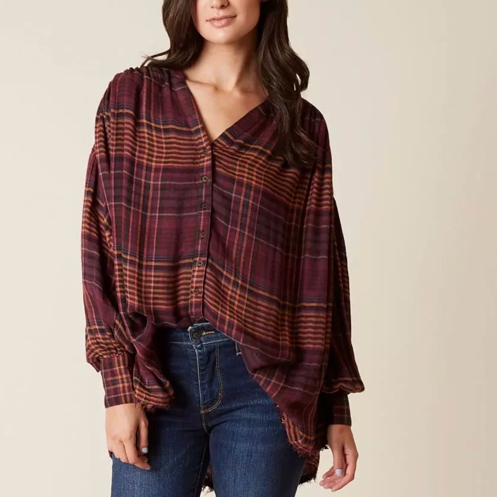 Plaid Button-Front Blouse in Burgundy and Mustard 100% Cotton Gauze